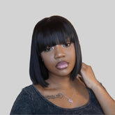 Black Top Swiss Lace Straight Human Hair Bob Wig with Bangs
